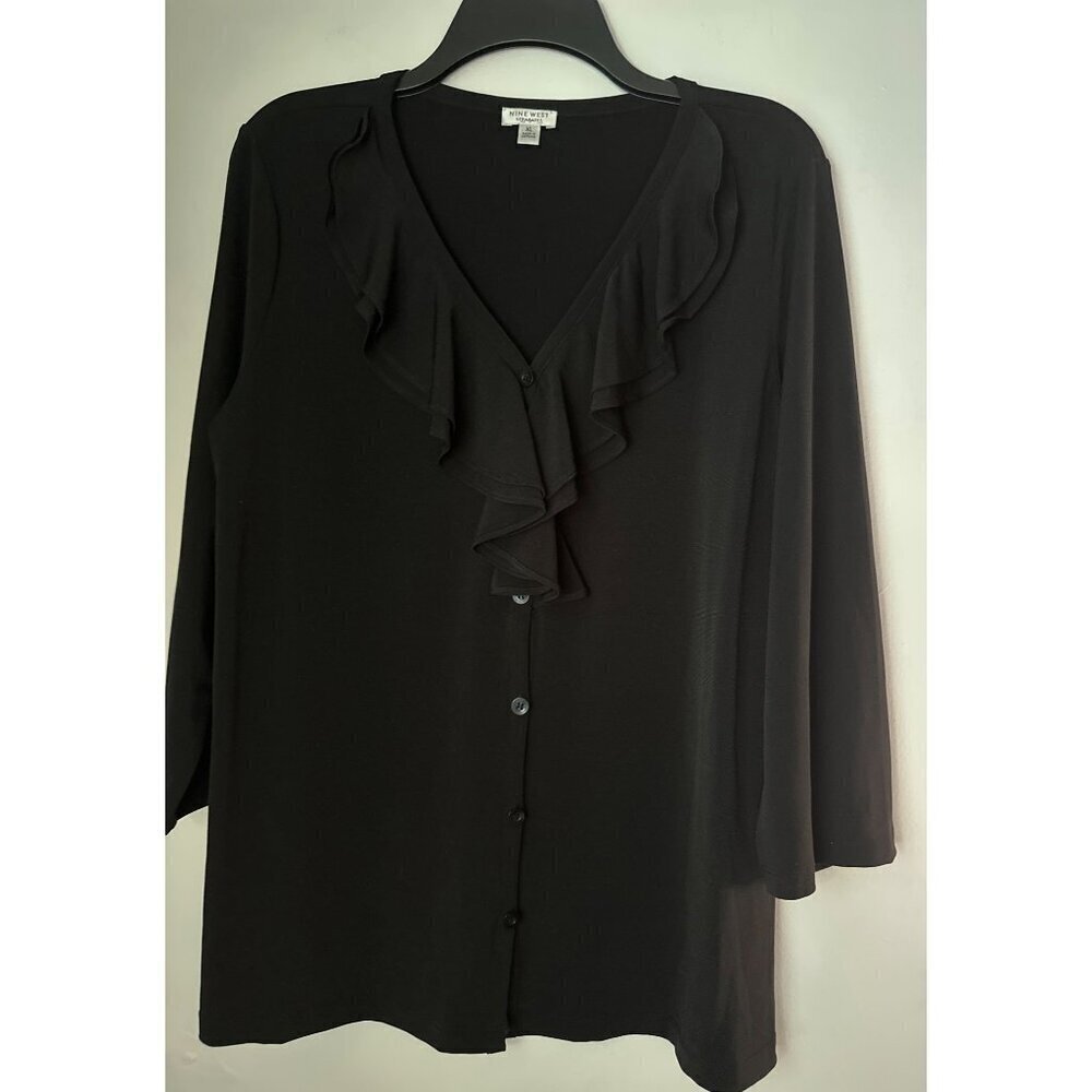 Nine West Black Ruffle Blouse XL Feminine Elegant Sheer Y2K old money retro